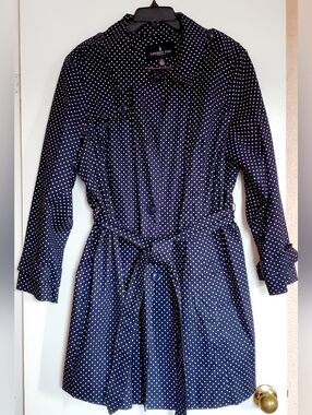 London Fog Navy Polka Dot Belted Long-Sleeve Cloak